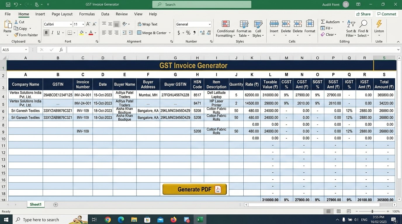 GST Invoice Generator Excel Tool - Auto CGST SGST IGST Calculation with HSN Codes